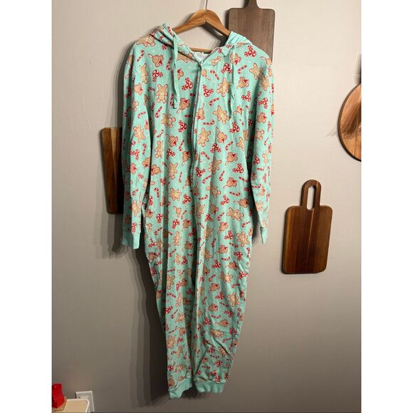 Disney Mint Tan Cookie Holiday Treats Print Hooded Bodysuit Pajamas Large - Picture 1 of 5